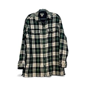 LL Bean Shirt Plaid Flannel Fleece Lined Green Cream Shacket Workwear Sz L-Tall